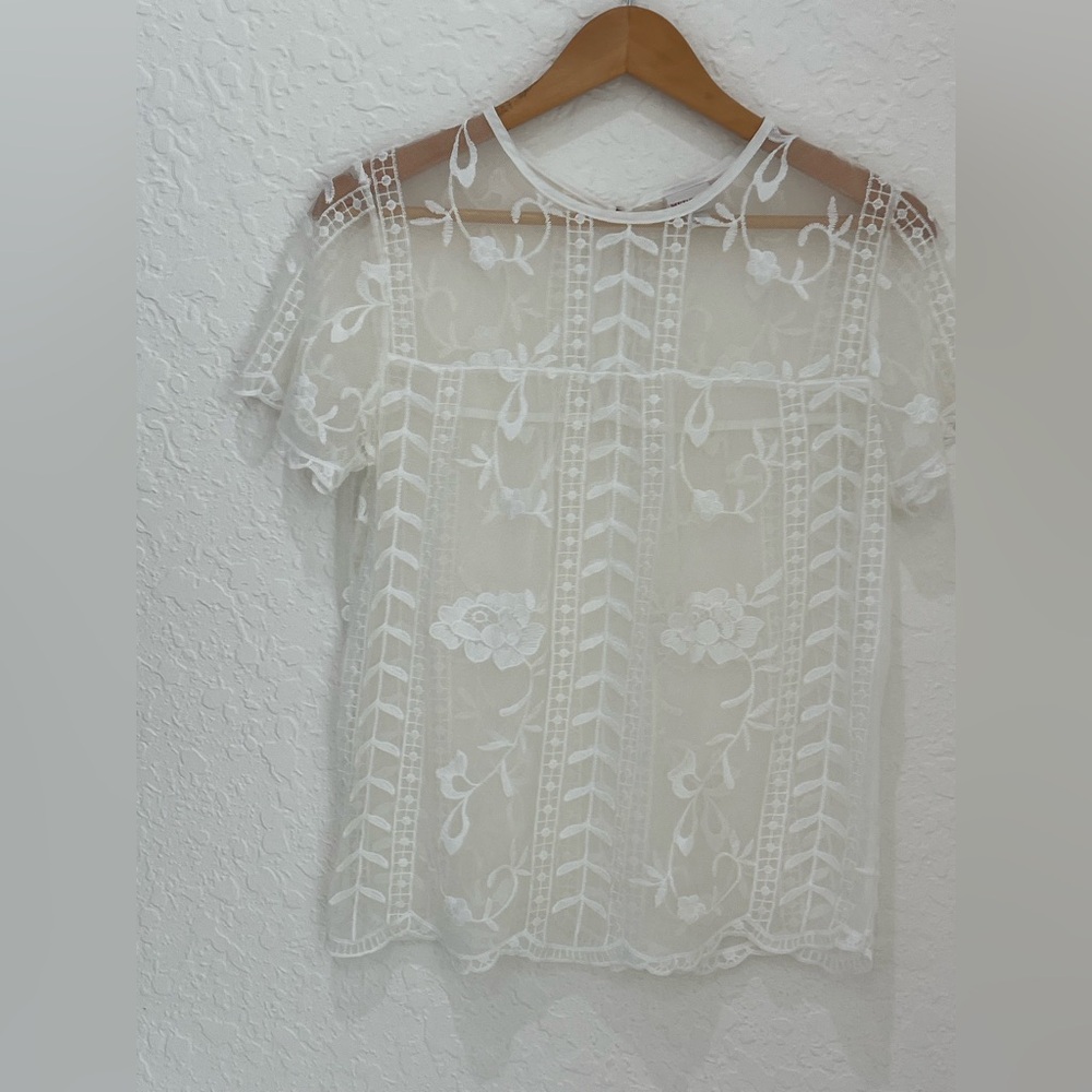 White Embroidered Sheer Lace Top - Women